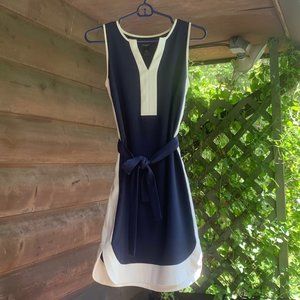Ann Taylor Navy & White Trim Tie-Waist Shift Dress